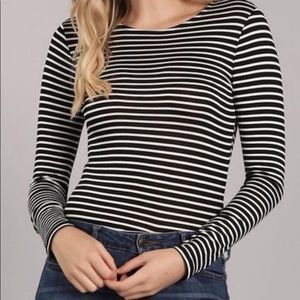Striped Navy Blue and White Long-Sleeved Crop Top Womens Extra Small